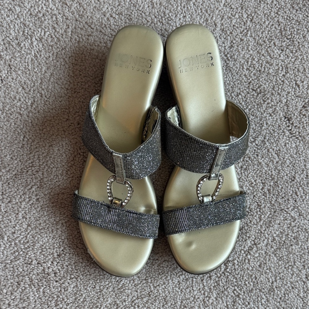 Jones New York Metallic Silver and Gunmetal Rhinestone Slide Sandals - Picture 2 of 5